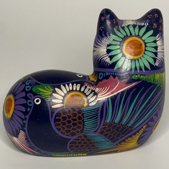 Cat Kitten Mexican Folk Art Pottery Blue W Bird Figurine Tonala Talavera Style - Picture 6 of 10